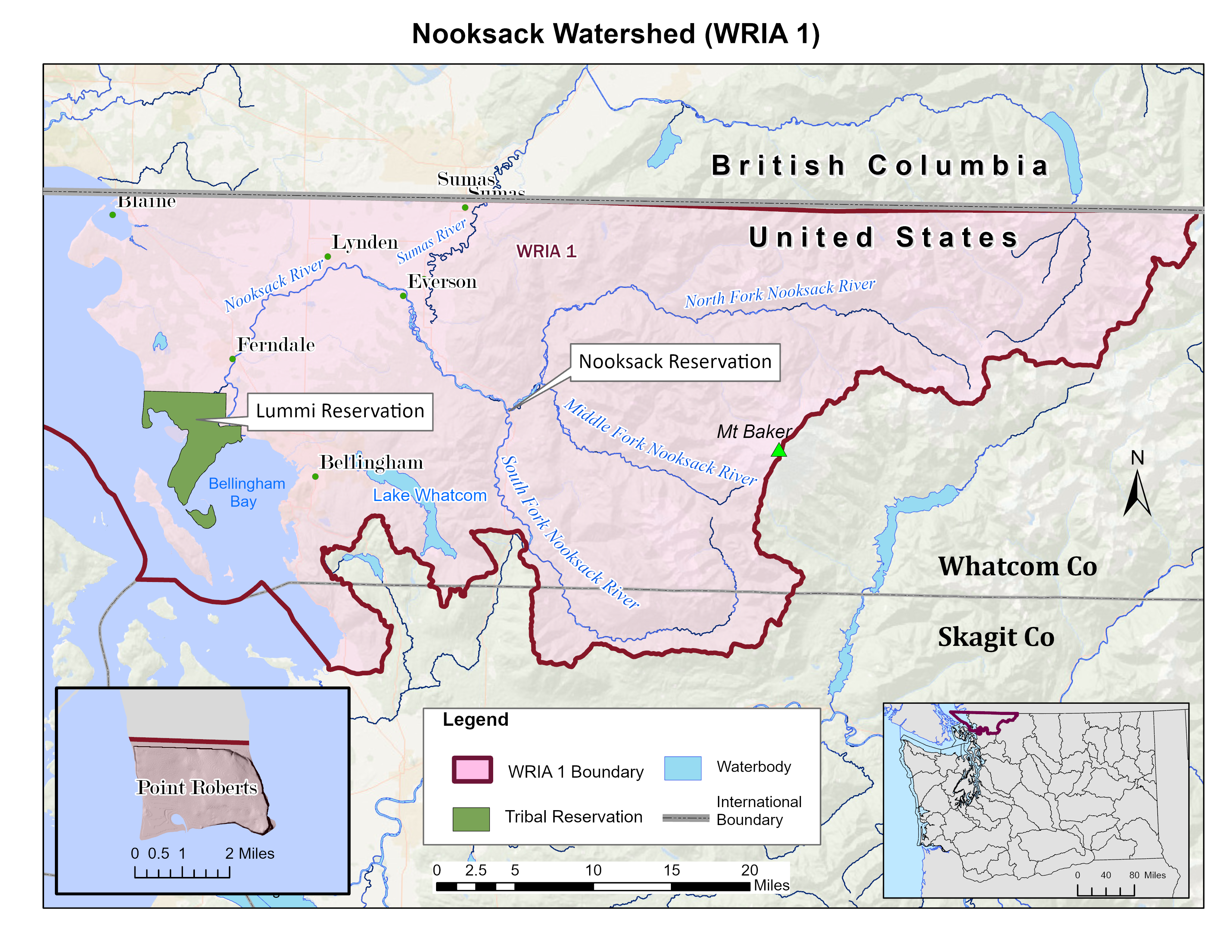 Washington state map with location of WRIA 1 Nooksack watershed